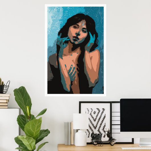 Poster Femme expressive dans les tons bleus Peinture (Bureau à domicile)