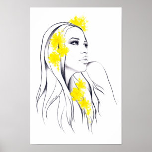 Poster Femme face Fleurs jaunes Mode illustration art