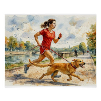 Poster Femme faisant du jogging avec son chien,