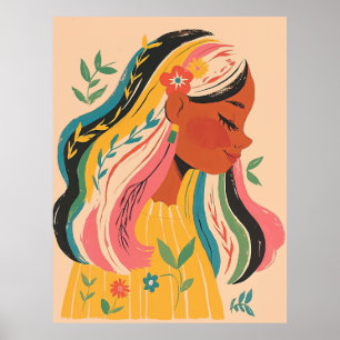 Poster Femme Fille Mignonne Illustration Florale Bohème