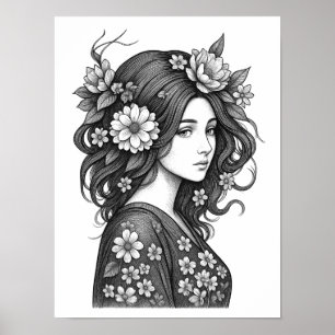 Poster Femme Fleurie Art Linéaire Romantique