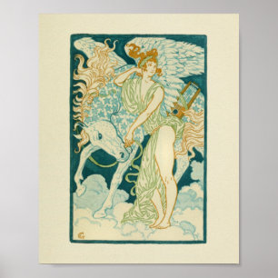 Poster Femme grecque Lyre Horse Blue Stars Imprimer