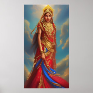 Poster Femme indienne robe rouge or ornementée de bijoux
