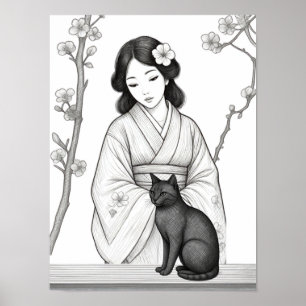 Poster Femme japonaise avec chat noir