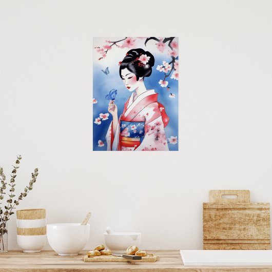 Poster Femme japonaise avec un papillon bleu (Cuisine)