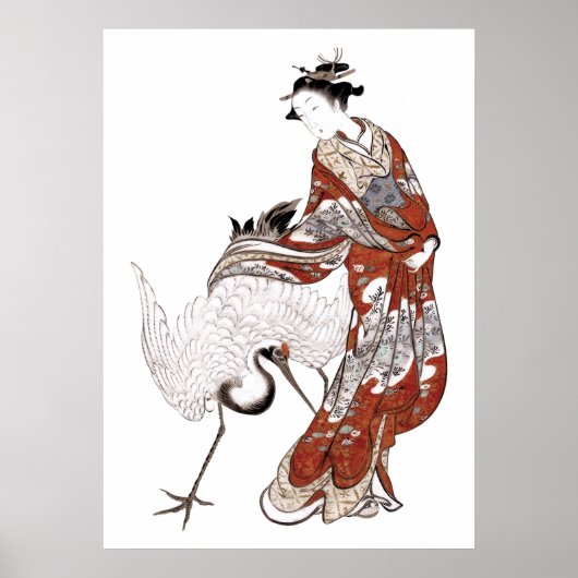 Poster Femme japonaise et grue (18ème siècle) (Devant)