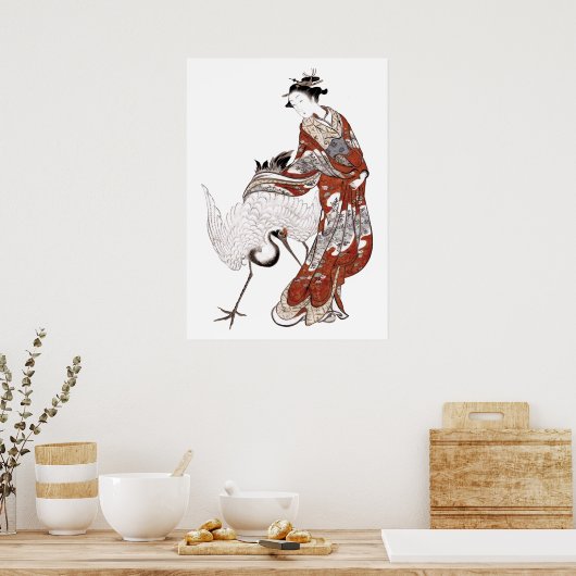 Poster Femme japonaise et grue (18ème siècle) (Cuisine)