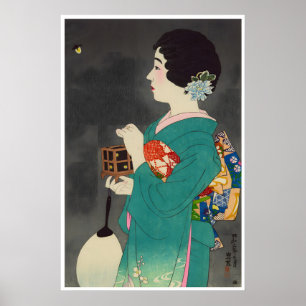 Poster Femme japonaise peignant une estampe de geisha Aff