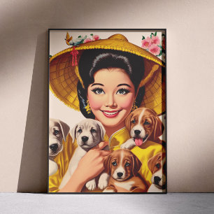 Poster Femme japonaise vintage et chiots
