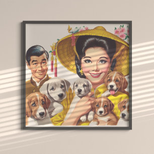 Poster Femme Japonaise Vintage et Chiots