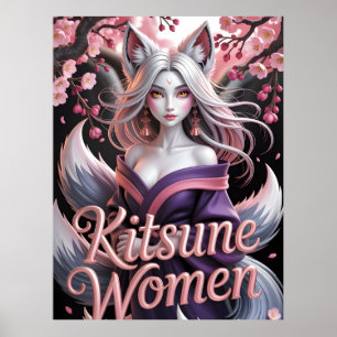 Poster Femme Kitsune Blanche Élégante avec Fleurs de Saku