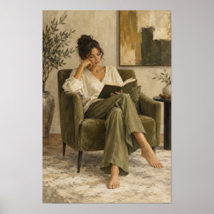 Poster Femme lisant dans un fauteuil vert confortable Fig