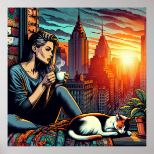 Poster Femme lisant dans une fenêtre de ville avec un cha