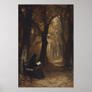 Poster Femme lisant dans une forêt automnale morose - Imp