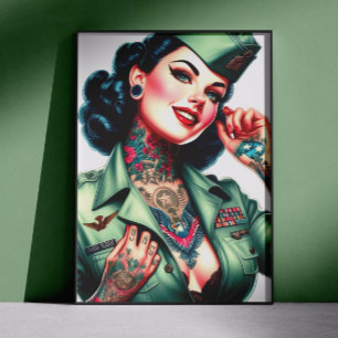 Poster Femme Militaire Tatouée Vintage