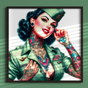 Poster Femme Militaire Tatouée Vintage