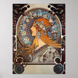 Poster Femme Mucha Art Nouveau Rétro Vintage Zodiaque Plu