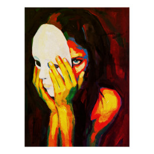 Poster Femme mystérieuse tenant un masque - Art à l'huile