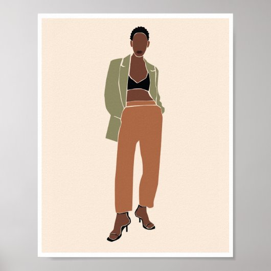 Poster Femme noire boho Blazer vert olive Art de mode (Devant)