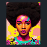 Poster Femme noire colorée Afro Pop Art<br><div class="desc">Cette oeuvre d'art pop-art présente une belle femme noire avec une grande afro, les années 70 esthétique avec un peu de puissance de fleur et boucles d'oreilles. Une beauté mélanine vibrante avec des cheveux naturels dans une pièce d'art numérique multicolore et audacieuse. Le cyan, le magenta rose et le jaune...</div>