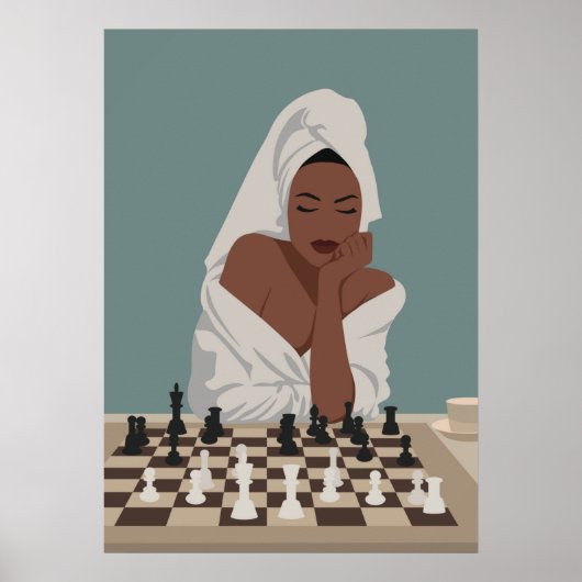 Poster Femme noire jouant aux échecs, style boho. (Devant)