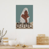 Poster Femme noire jouant aux échecs, style boho. (Cuisine)