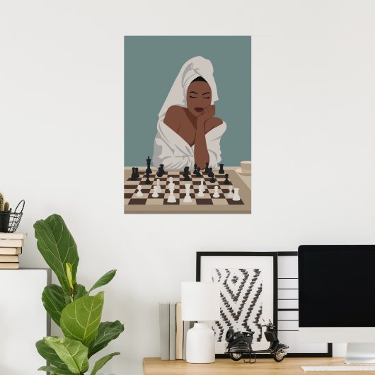 Poster Femme noire jouant aux échecs, style boho. (Bureau à domicile)