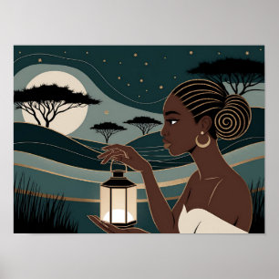 Poster Femme noire tenant une lanterne la nuit