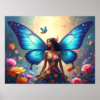 Poster Femme papillon bleu