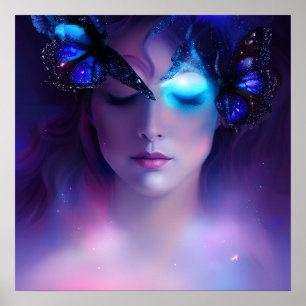 Poster Femme papillon bleu