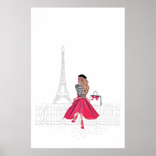 Poster Femme parisienne devant la Tour Eiffel, Paris
