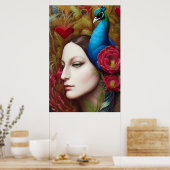 Poster Femme, Peacock, Fleurs rouges et coeur (Cuisine)