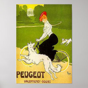 Poster Femme Peugeot vintage à vélo avec le chien Runnin