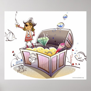 Poster Femme pirate debout sur un coffre au trésor