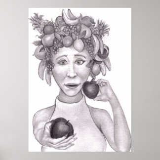 Poster Femme portant un chapeau fait de fruits offrant au
