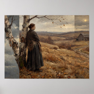 Poster Femme près d'un bouleau surplombant une ferme auto