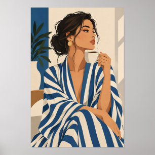 Poster Femme rayée bleue et blanche avec Wa moderne café