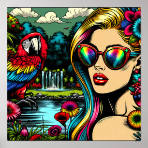 Poster Femme Rétro et Perroquet dans le Parc Pop Art 