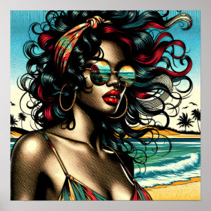 Poster Femme Rétro sur la Plage Style Bande Dessinée Pop 