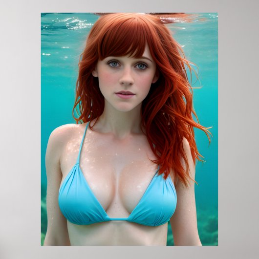 Poster Femme rouge haïe dans un bikini sous l'eau (Devant)