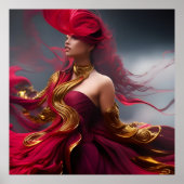 Poster Femme rousse exotique coulant rouge Or Abstrait (Devant)