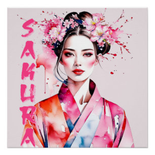 Poster Femme Sakura Aquarelle