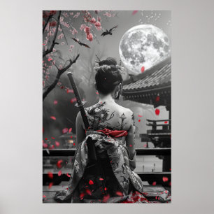 Poster Femme samouraï japonaise avec tatouage sous la ple