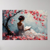 Poster Femme Serene Lecture Sous Les Fleurs De Cerisiers (Devant)