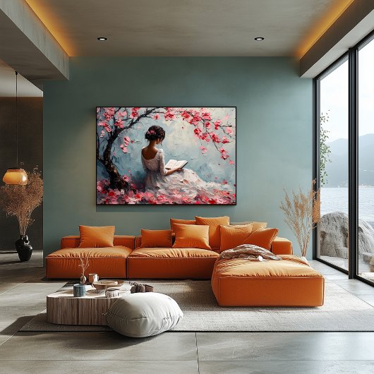 Poster Femme Serene Lecture Sous Les Fleurs De Cerisiers