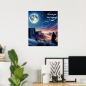 Poster Femme solitaire assise regardant la lune (Bureau à domicile)