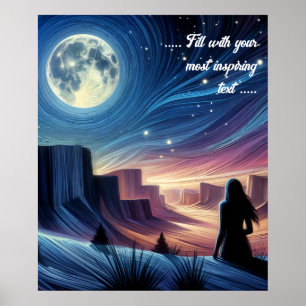 Poster Femme solitaire assise regardant la lune
