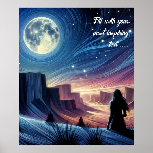 Poster Femme solitaire assise regardant la lune (Devant)