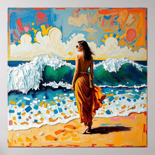 Poster Femme sur la plage Art abstrait de bord de mer 