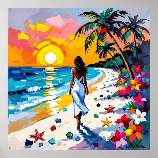 Poster Femme sur la scène de plage tropicale (Devant)